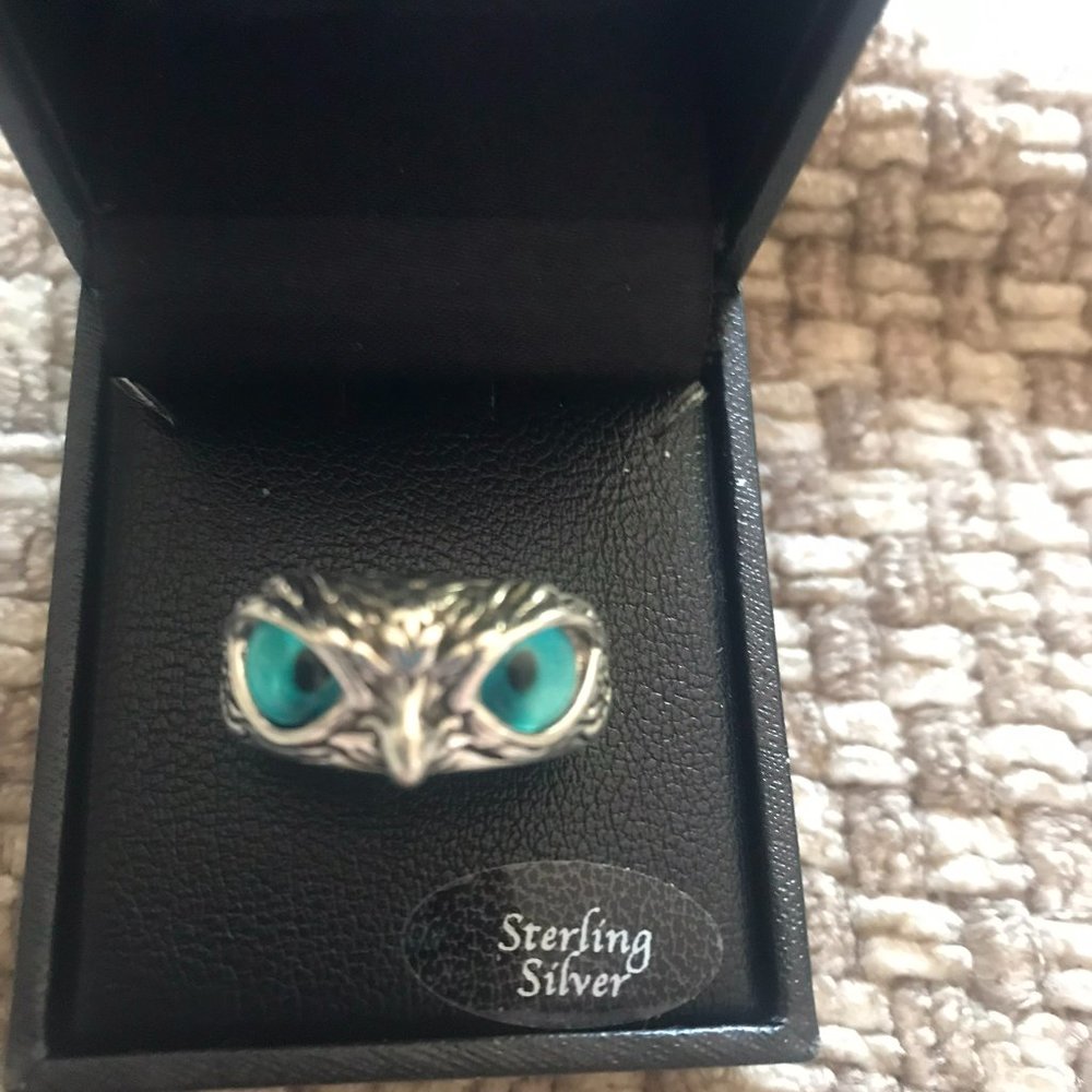 Sterling silver Ring Cat's Eye Silver adjustable Vintage Owl blue eyes